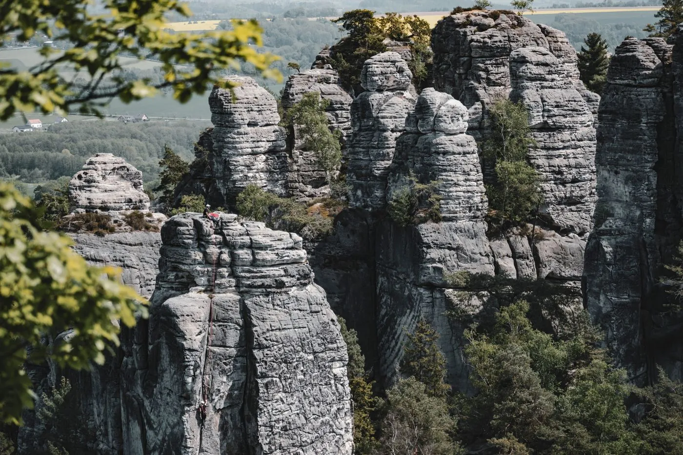 Lezec na pískovcové skalní věži nad lesem