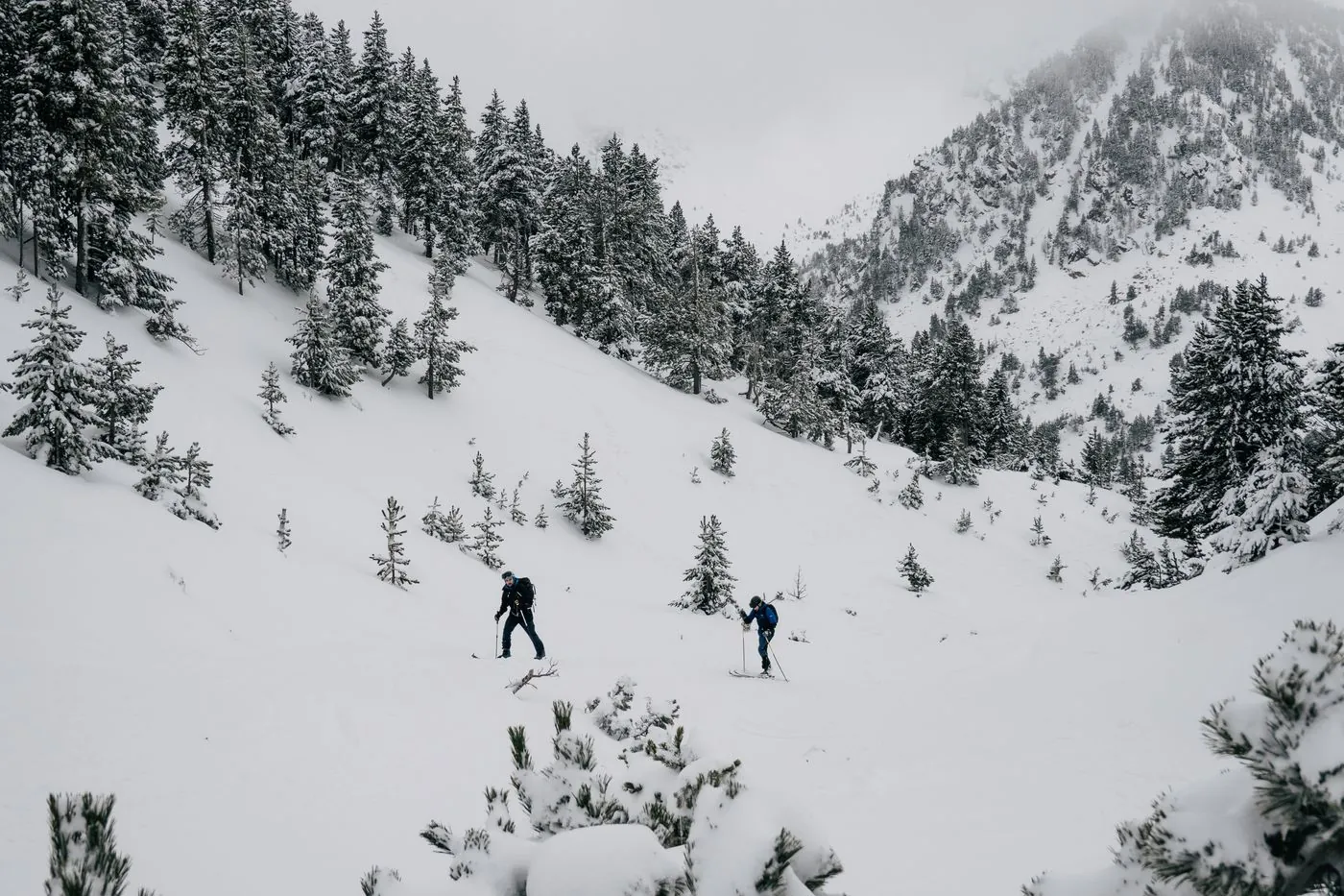 Dva skialpinisté stoupají zasněženým horským terénem
