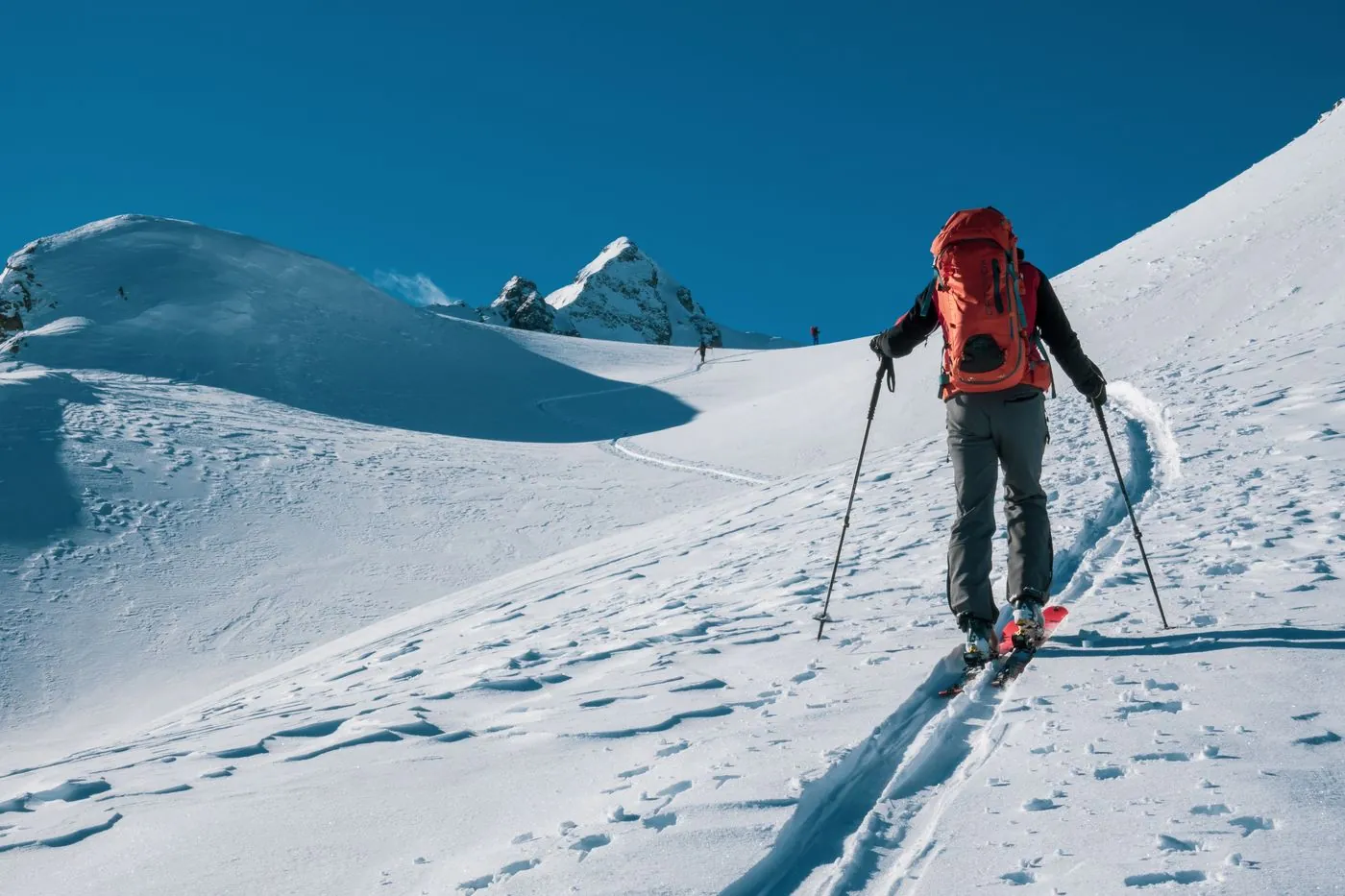 Skialpinista stoupá po sněhu se skialpovými pásy